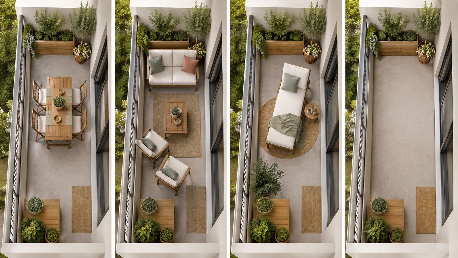 Four furniture layouts for a narrow apartment balcony.