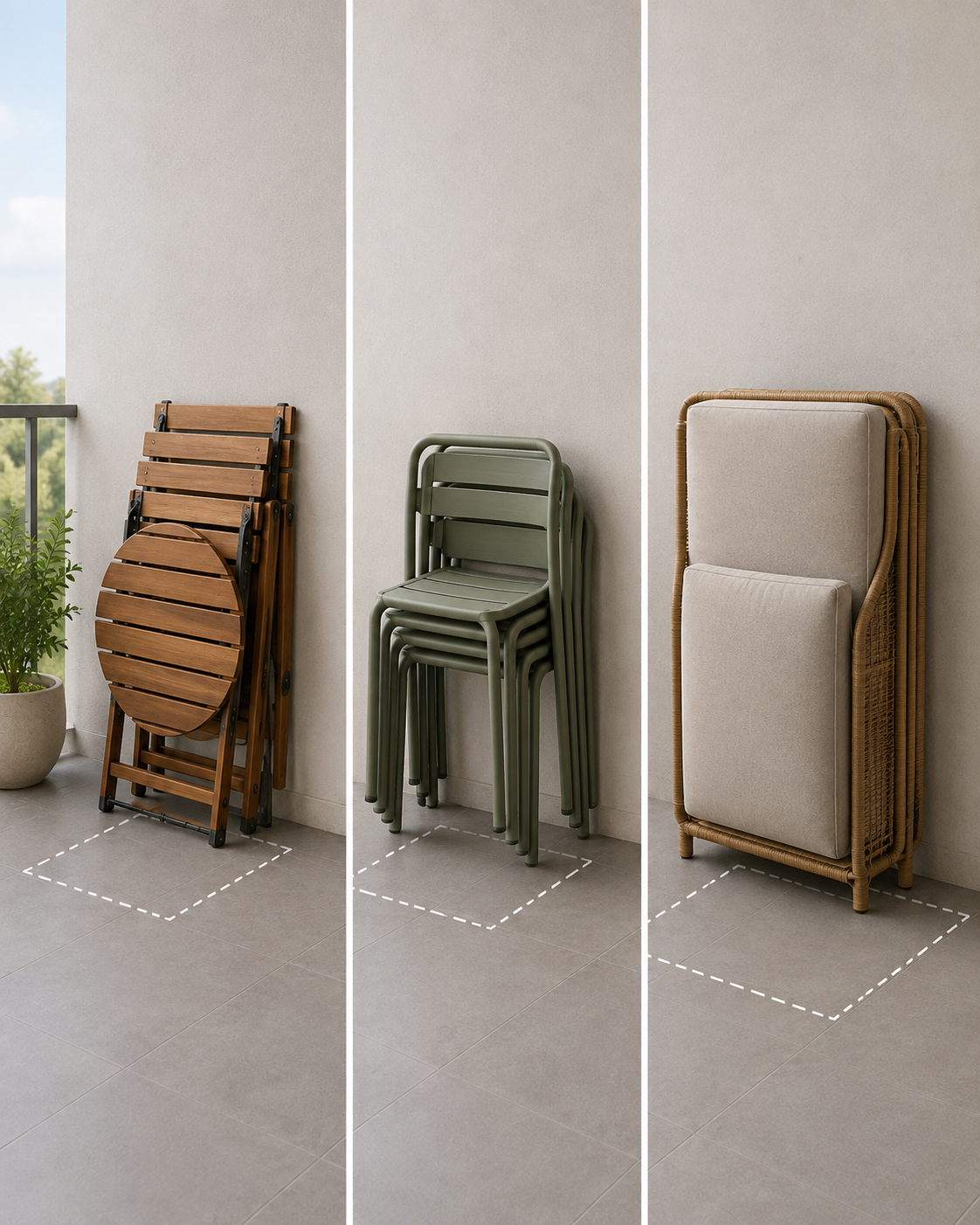Stored footprints of three space-saving balcony furniture options.