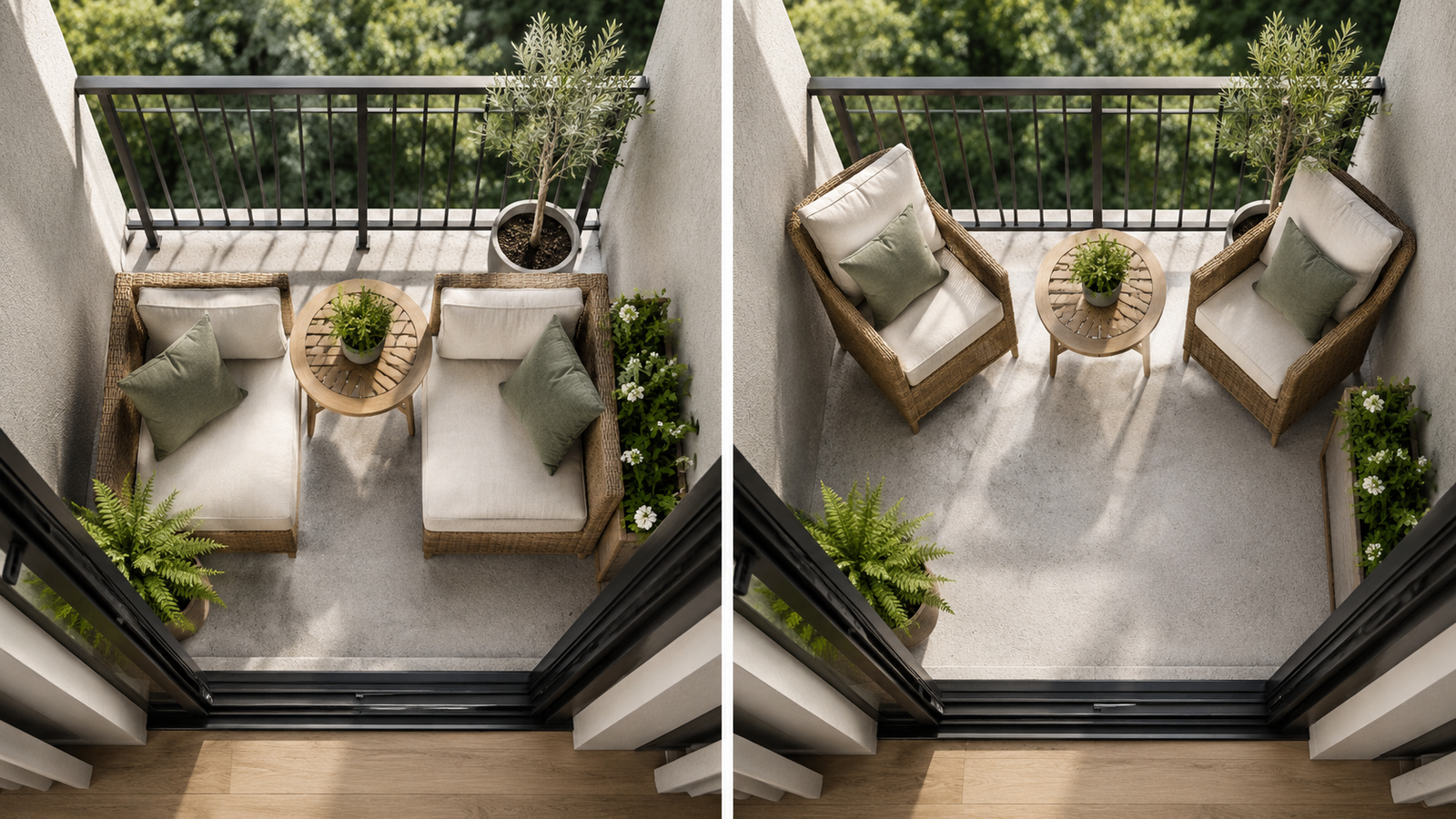 Apartment balcony rearranged to keep the doorway and walking path clear.