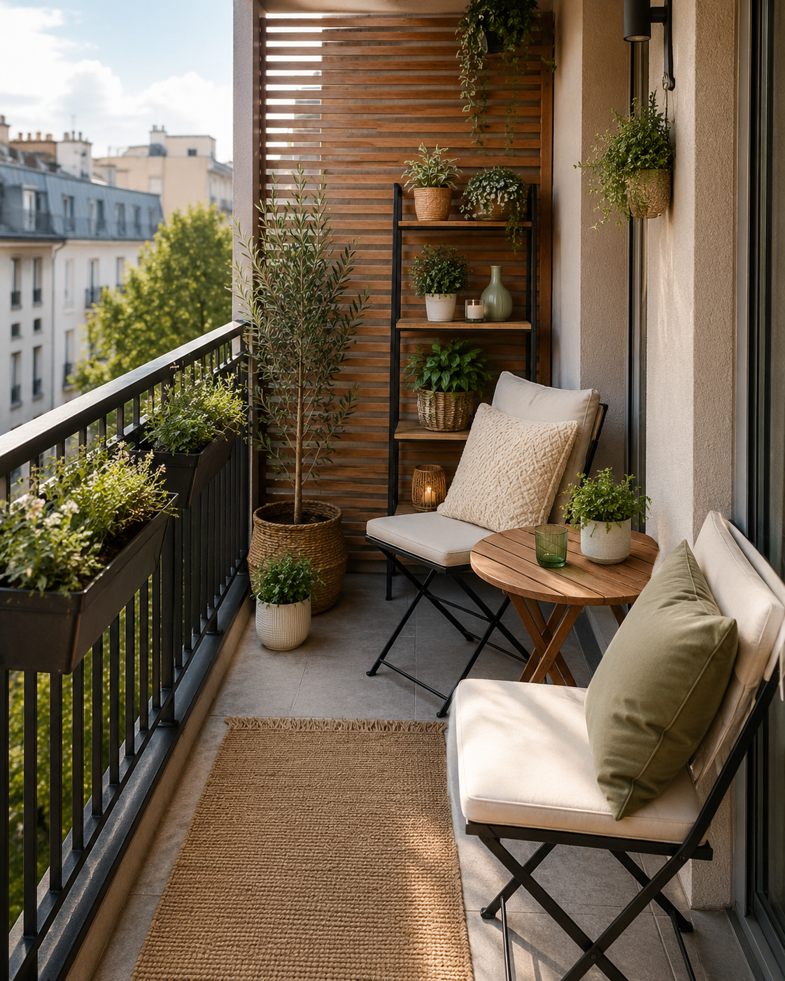 Narrow apartment balcony makeover with open walking space.