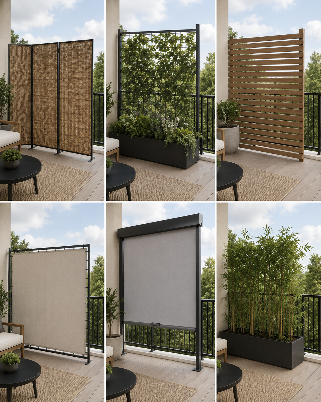 Six privacy screen types for balconies and small patios.