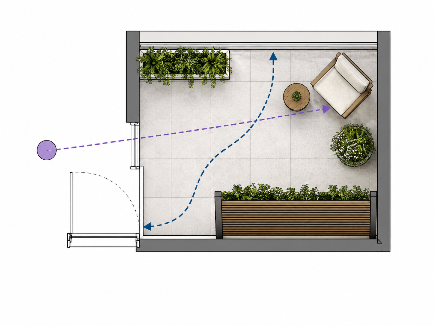 Privacy screen positioned to block one balcony sightline without blocking the path.