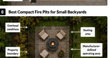 Site-specific planning diagram for a compact fire pit in a small backyard