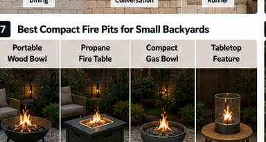 Four compact outdoor fire pit formats compared by footprint and fuel setup