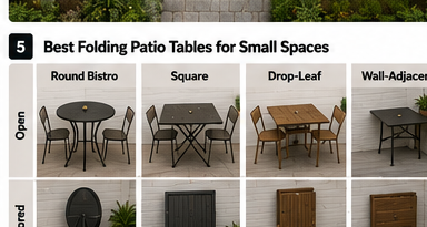 Four folding patio table types shown open and stored