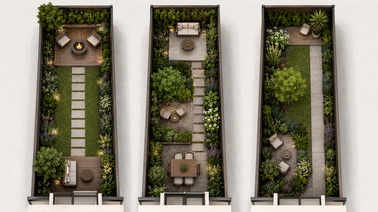 Three layout options for a narrow backyard.