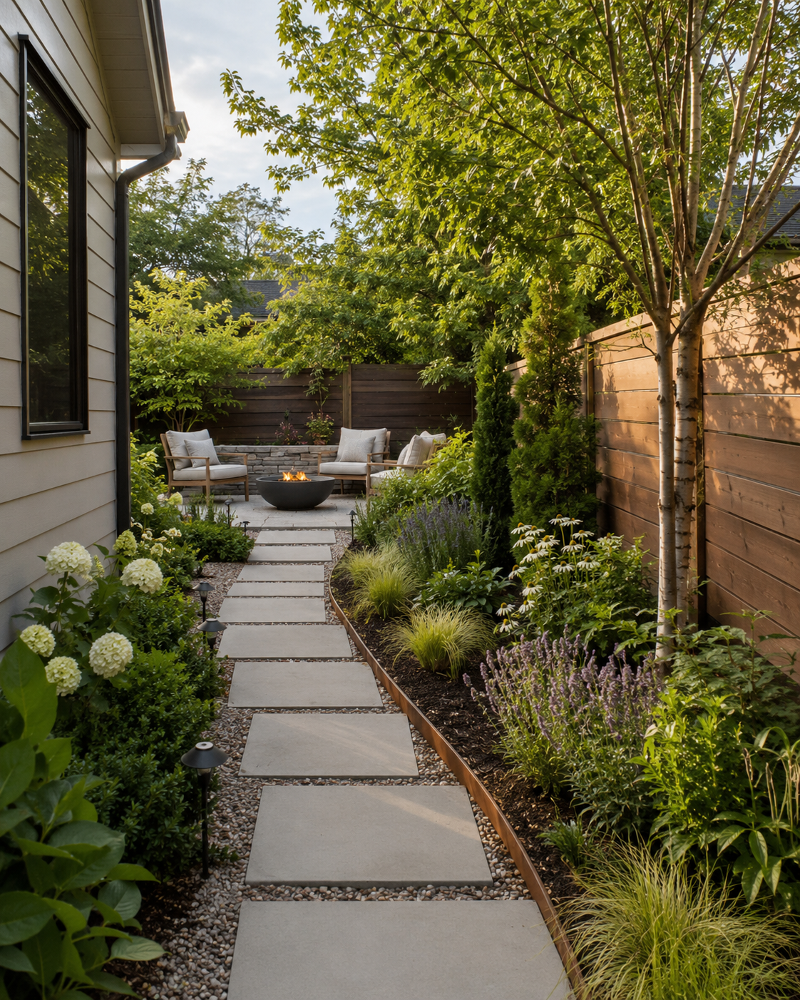 Narrow backyard with a clear path and seating destination.