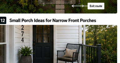 Narrow front porch with slim seating, vertical accents, and a clear doorway