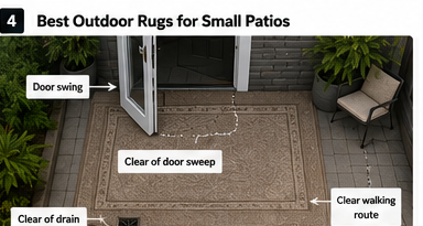 Outdoor rug positioned clear of a door swing, drain, and walking route