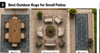 Three outdoor rug layouts for a small dining, seating, and narrow patio