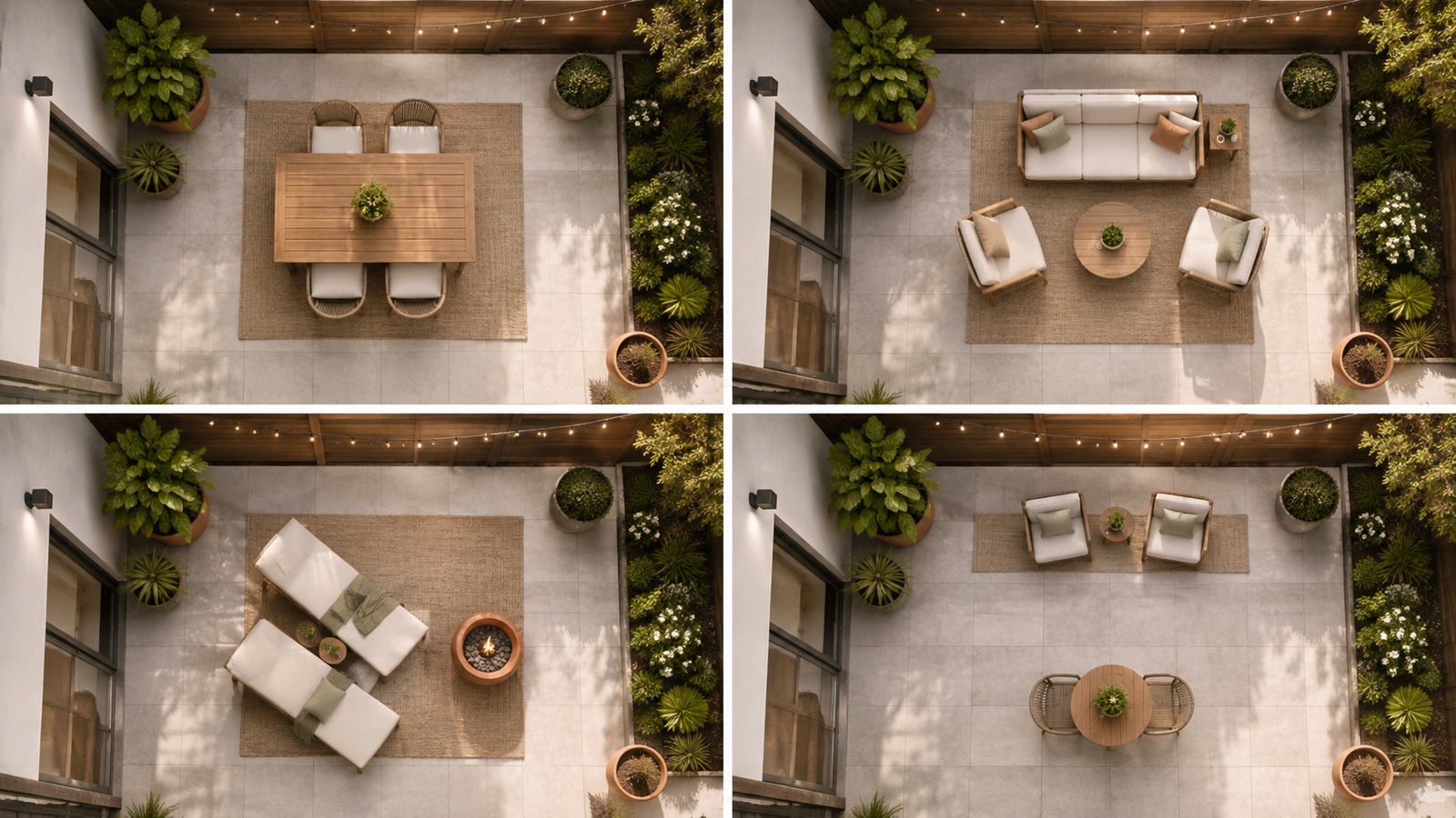 Four furniture layouts for a compact patio: dining, conversation, lounging, and flexible use
