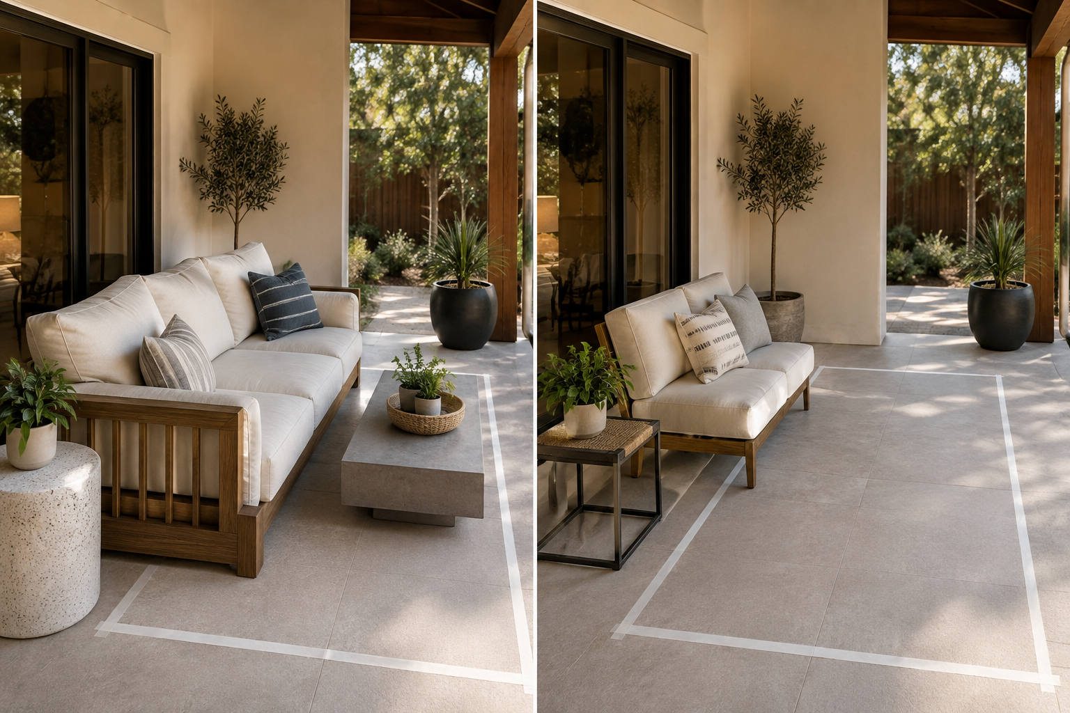 Deep outdoor sofa and shallow armless loveseat compared in the same patio footprint