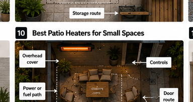 Planning a patio heater around seating, an exit route, and overhead conditions