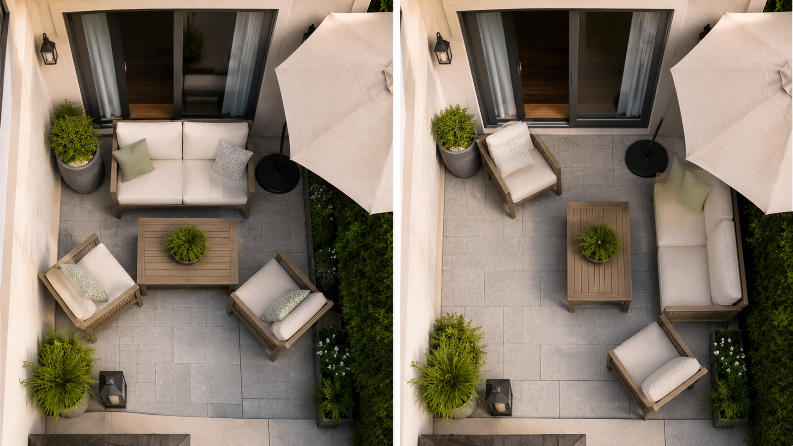 Small patio before and after rearranging furniture to clear the doorway