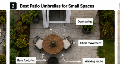 Planning an umbrella base around chairs, a door swing, and a patio walkway