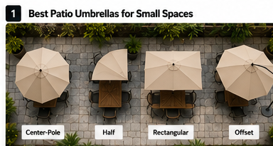 Four patio umbrella configurations for compact outdoor spaces