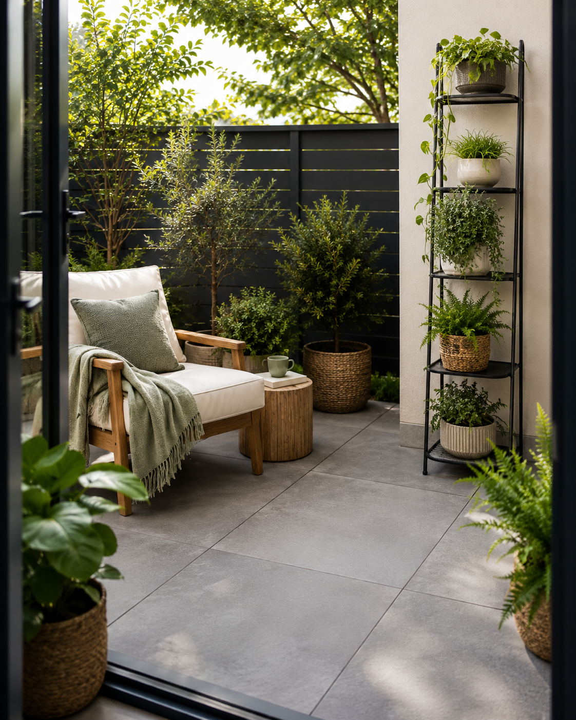 Vertical plant shelf beside a lounge chair on a small patio