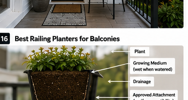 Loaded railing planter diagram showing soil, plant, drainage, and approved attachment