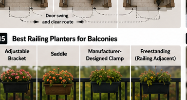 Four railing planter attachment formats with compatibility reminders