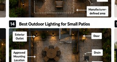 Outdoor lighting plan showing power, mounting, doors, and a clear patio route