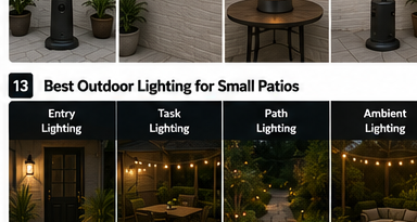 Four outdoor lighting roles for a small patio at dusk