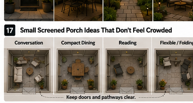 Four furniture layouts for a small screened porch with clear door routes