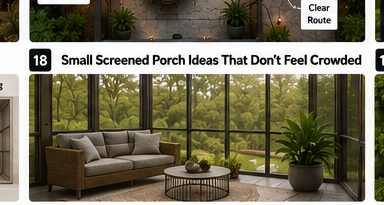 Small screened porch with low furniture and open views through the screens