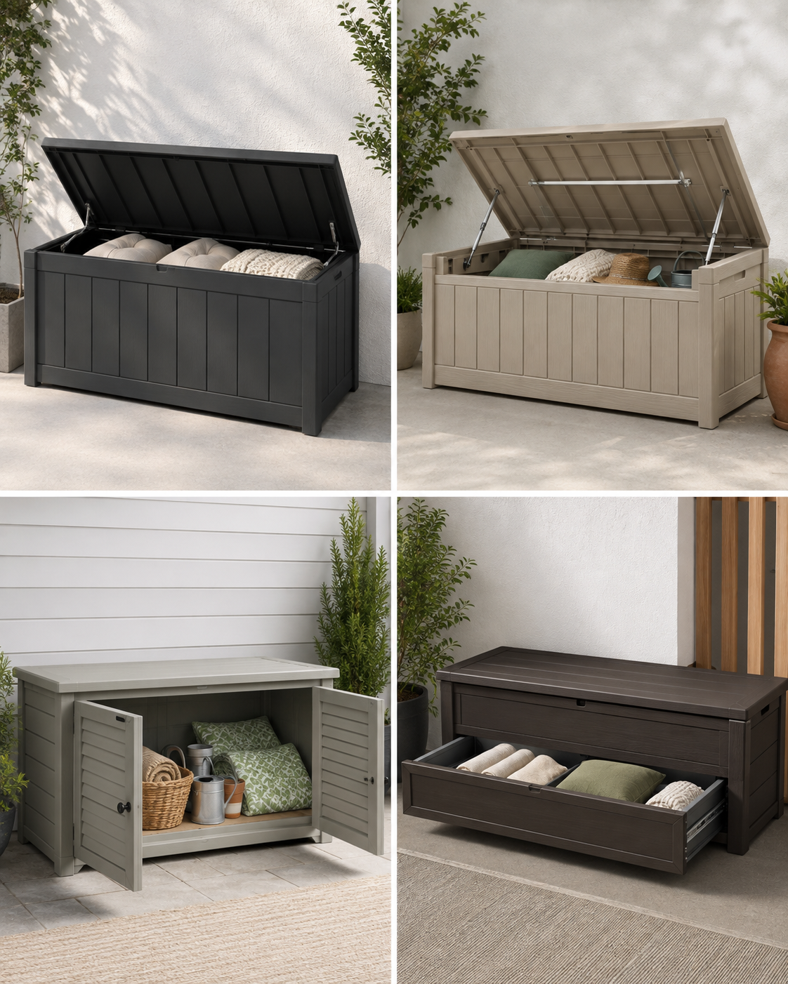 Four outdoor storage bench access styles: hinged lid, assisted lid, doors, and drawer