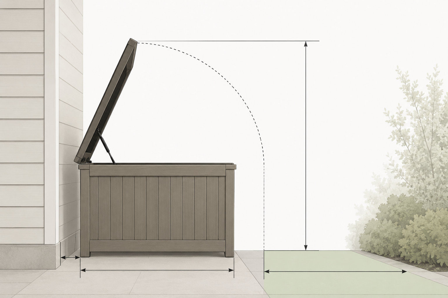 Storage bench lid clearance and walking space shown from the side