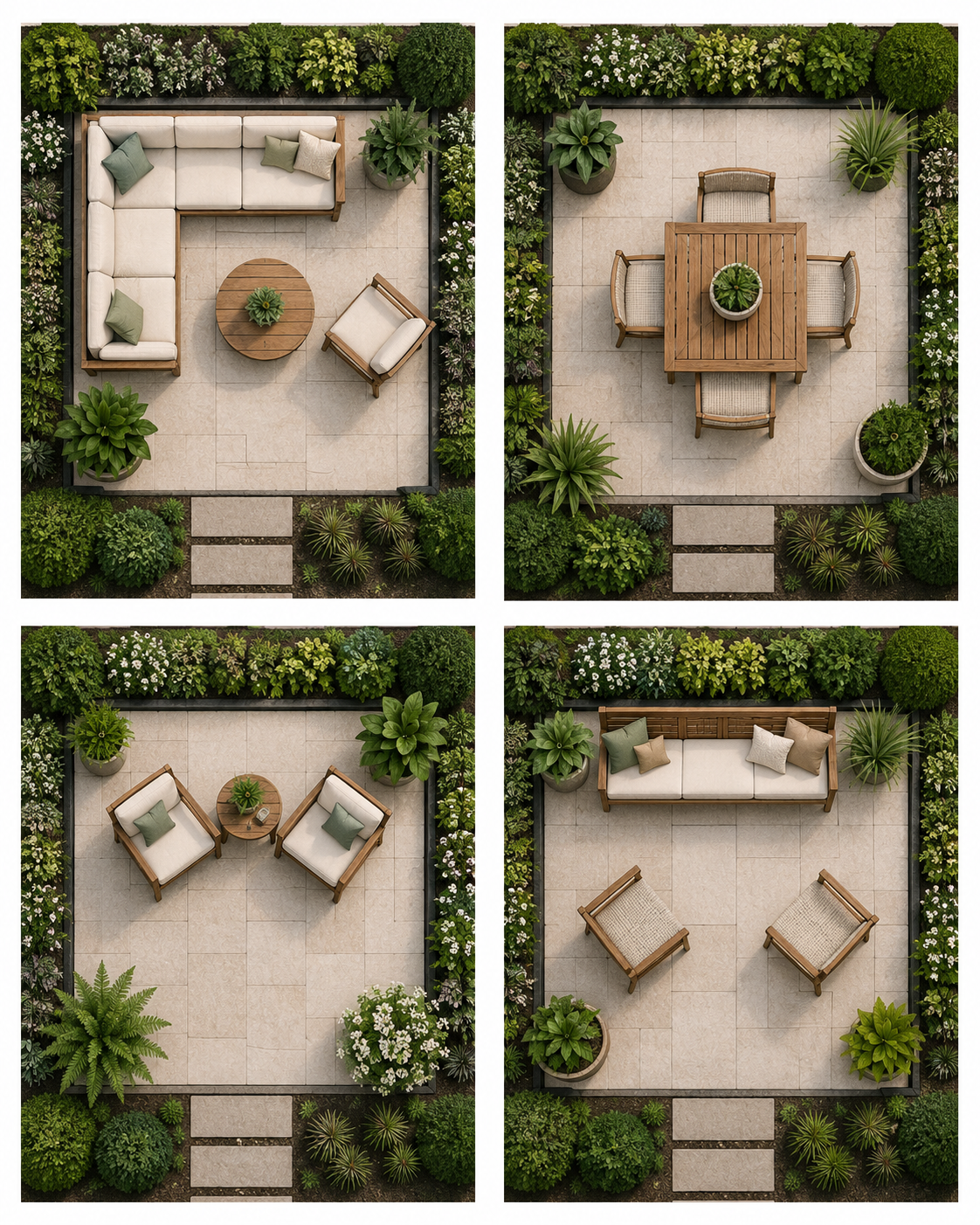 Four furniture arrangements for a 10-by-10 patio