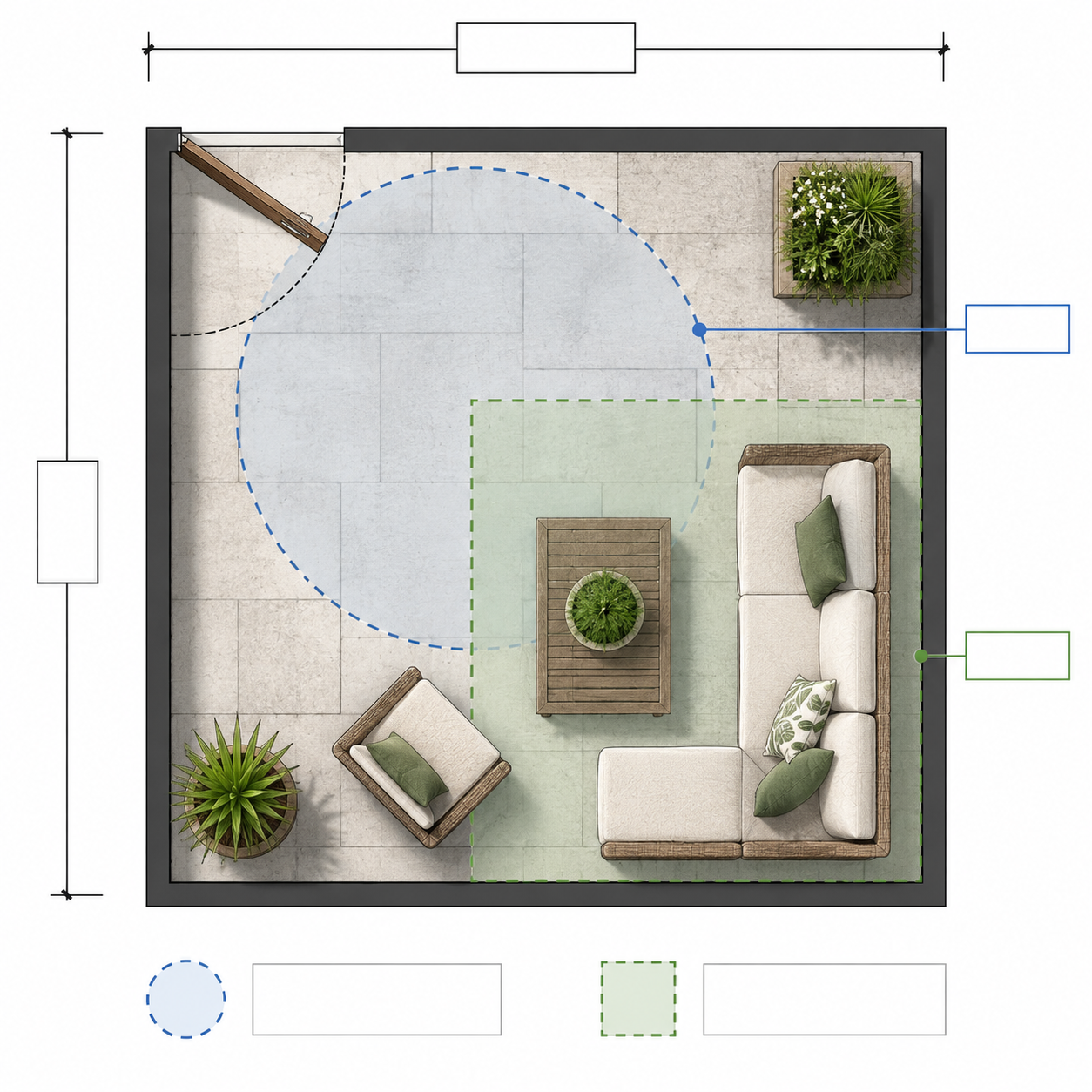 Diagram of a 10-by-10 patio with door swing, walking path, and furniture zone