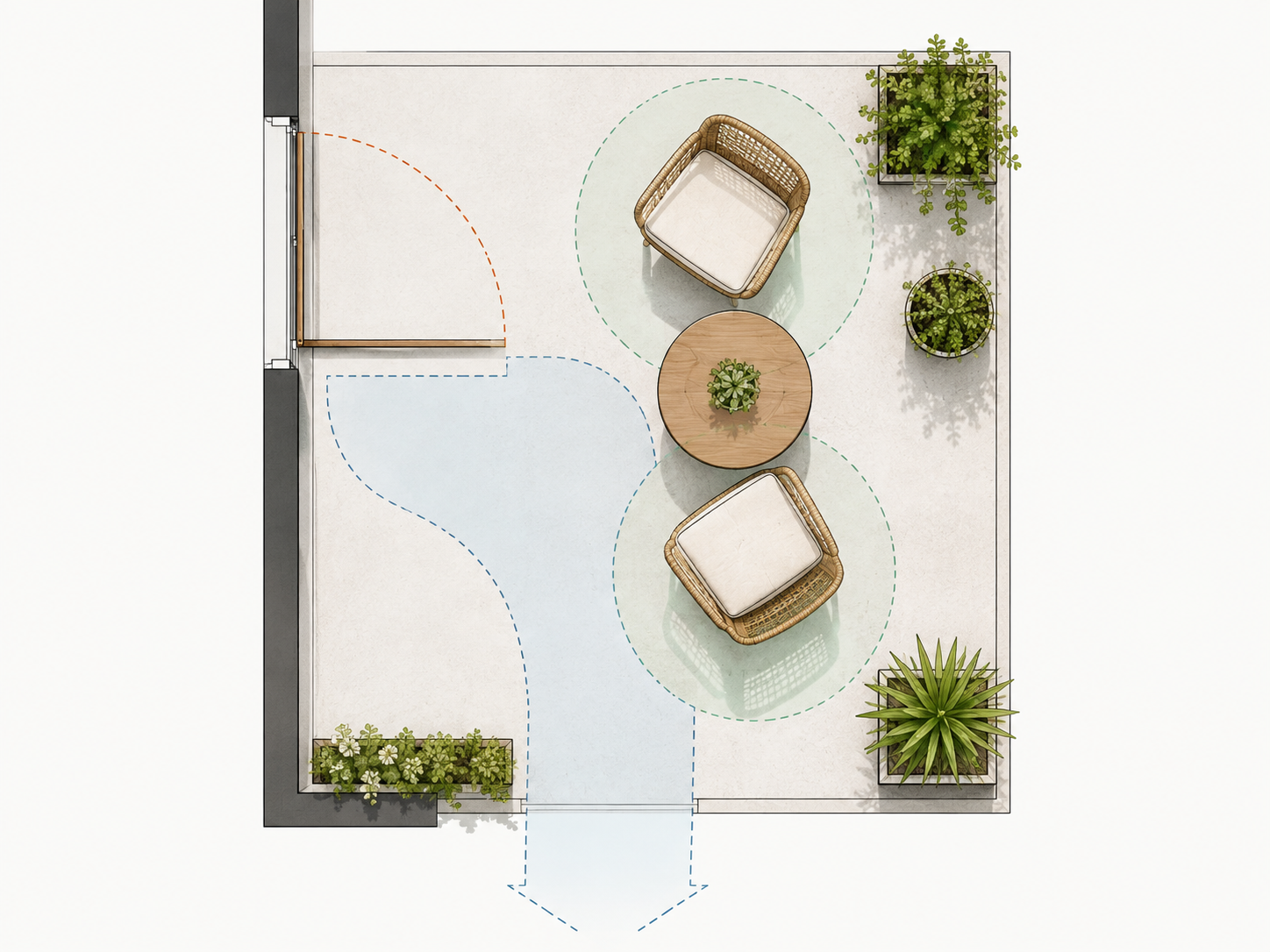 Overhead diagram showing chair zones, door swing, and walking path around a bistro set