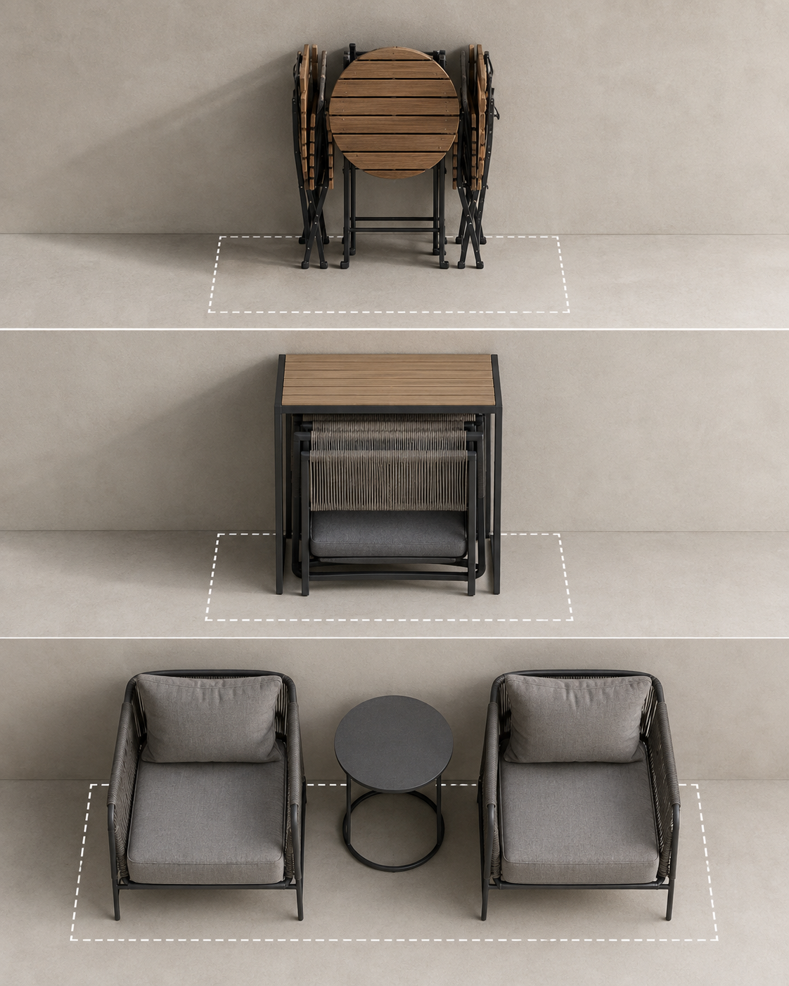 Stored footprints of folding, nesting, and lounge-style three-piece patio sets