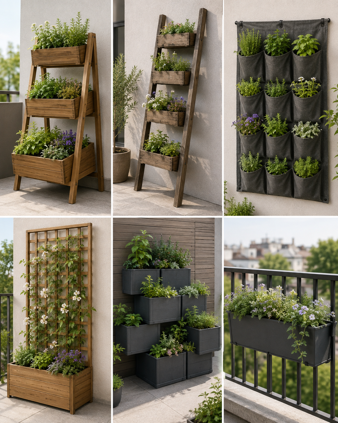 Six vertical planter types for balconies and small patios.