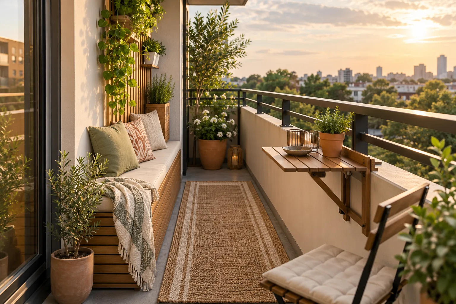 Apartment balcony makeover with a slim bench, folding table, plants, and open floor space