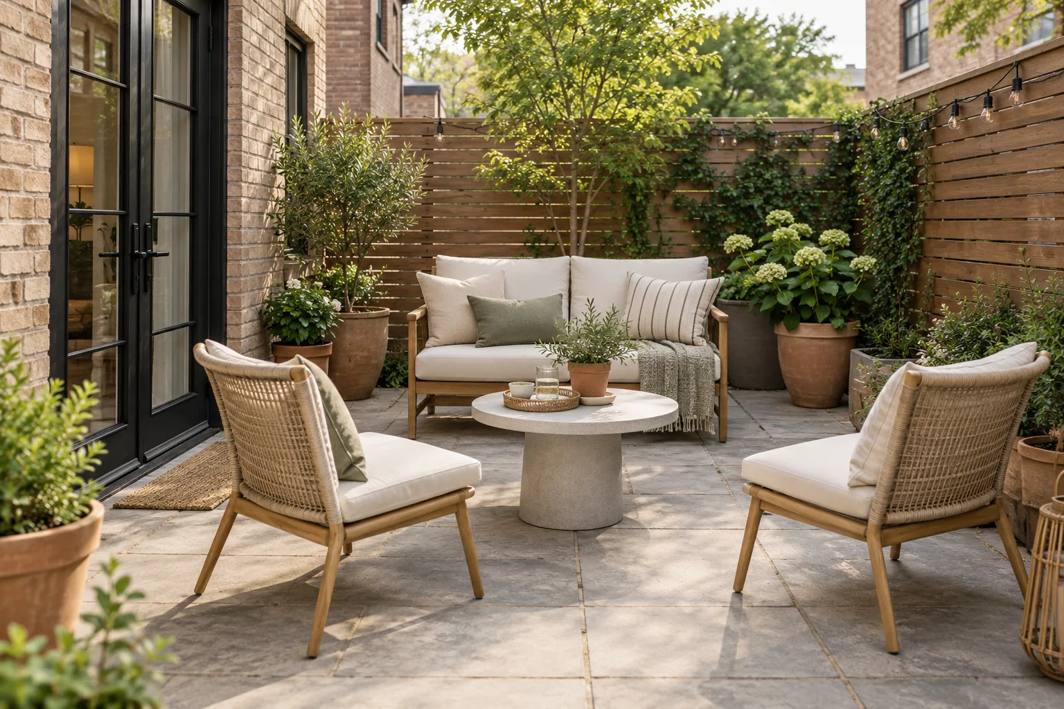 Compact patio arranged with appropriately scaled outdoor seating and a small table