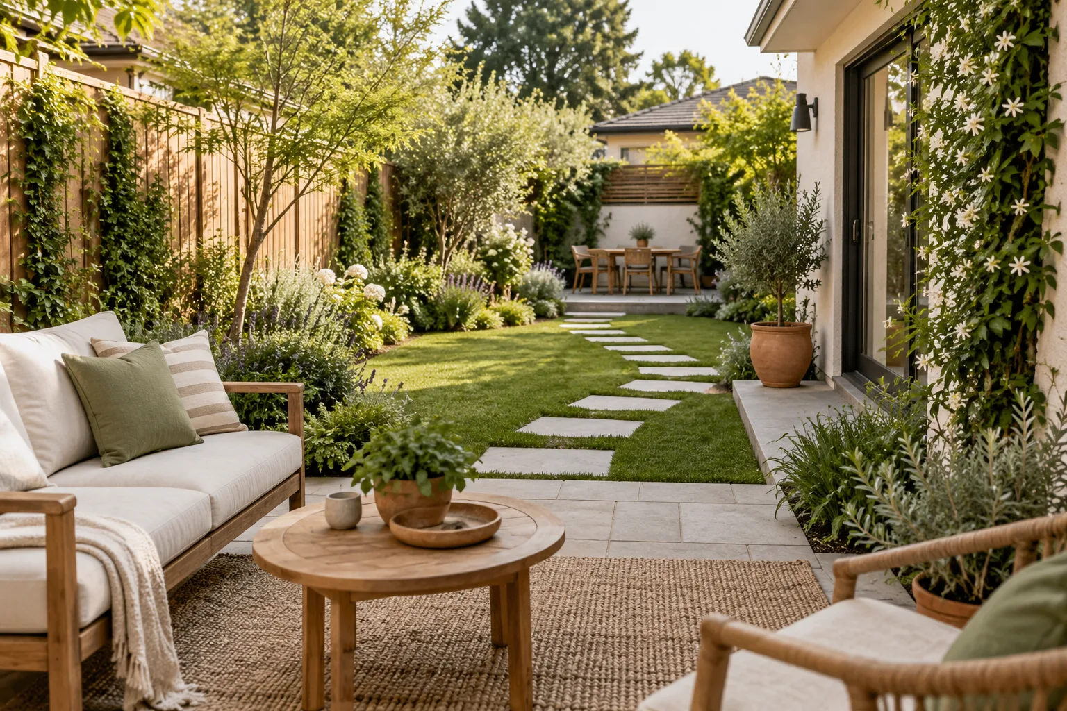 Small backyard designed with a long sightline, layered planting, and distinct activity zones